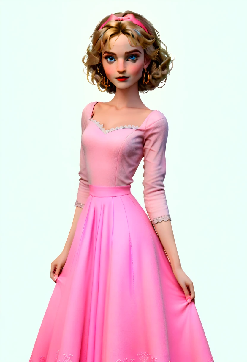 3d, Estilo de Moda 2023, Tema estilosa, Linda, expressiva, Feliz, Sorriso lindo, bonito cabelos lisos, modelo profissional, Poses fofas, blonde, blue eyes, vivid color, blonde hair, pink dress, margot robbie, wonderful, barbie, white background
