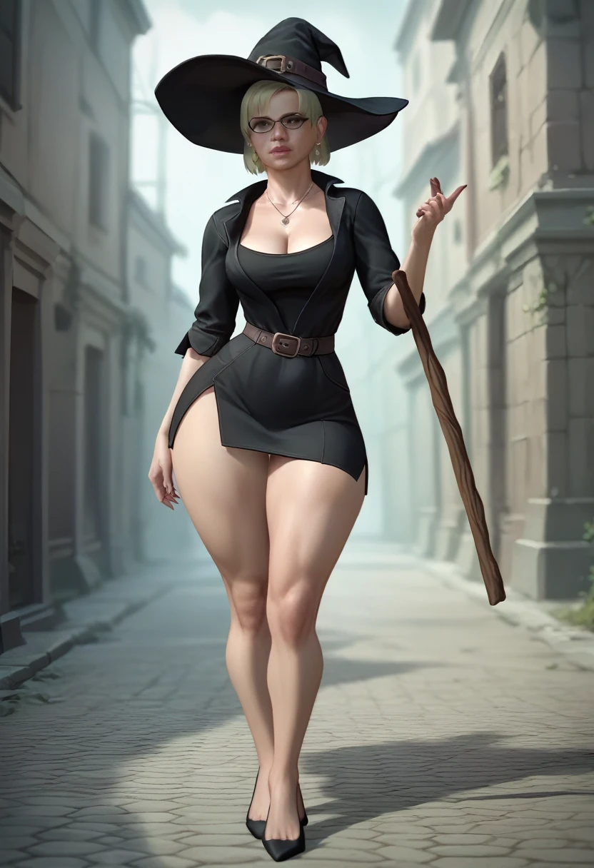 JJessicaMcCarney,short blonde hair, glasses, jewelry, earrings, necklace,cleavage, wearing a black witch outfit, exposed legs, small black high heels, wide hips, thick thighs, thick legs, witch hat