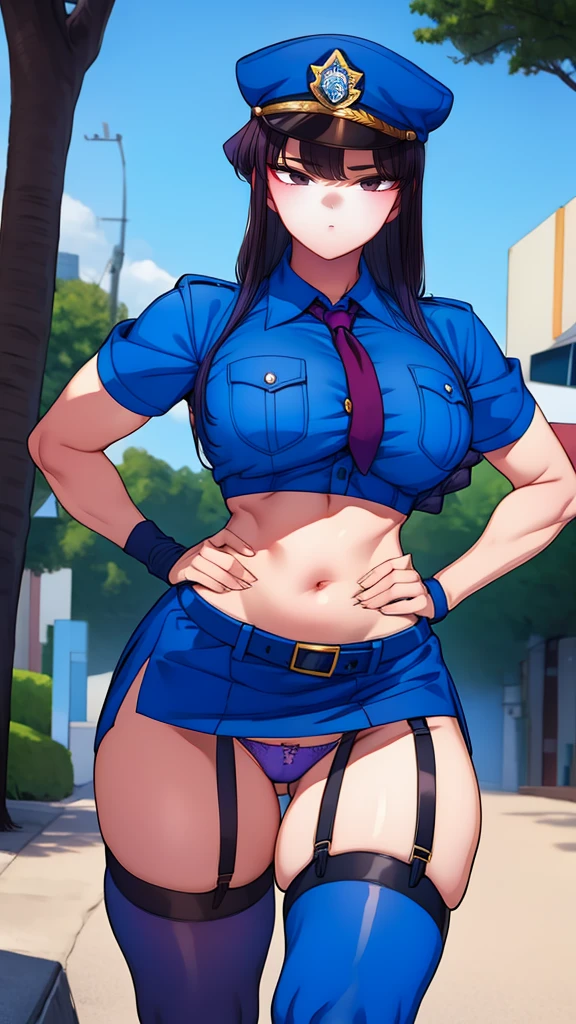 a cartoon character in a sexy suit posing on the street with a bush, police officer, police uniform, 1 girl, police woman, shirt, skirt, hat, tie, police cap, blue eyes, gloves, breasts, purple hair very dark, thighs, solo, navel, garter straps, looking at viewer, short sleeves, large breasts, underwear, miniskirt, midriff, ass visible through thighs, panties, outdoors, indentation, braid, hand in hand hip, belt, black skirt, uniform, collared shirt, frown, thigh highs, peaked cap, crop top, black panties, blue shirt, chest pocket, V-shaped eyebrows, Eiko Tsukimi, blue eyes, purple hair very dark baseball cap