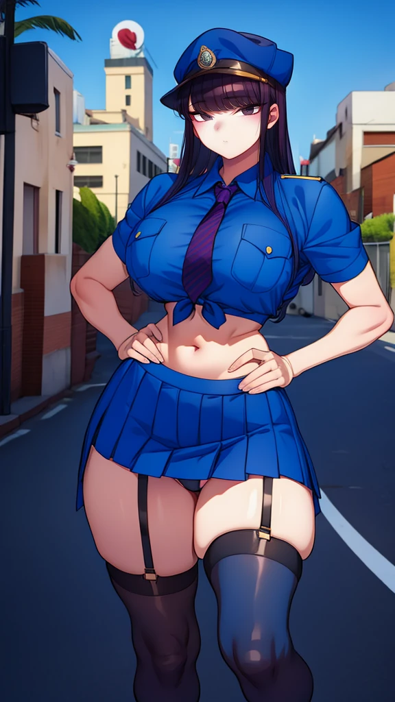 a cartoon character in a sexy suit posing on the street with a bush, police officer, police uniform, 1 girl, police woman, shirt, skirt, hat, tie, police cap, blue eyes, gloves, breasts, purple hair very dark, thighs, solo, navel, garter straps, looking at viewer, short sleeves, large breasts, underwear, miniskirt, midriff, ass visible through thighs, panties, outdoors, indentation, braid, hand in hand hip, belt, black skirt, uniform, collared shirt, frown, thigh highs, peaked cap, crop top, black panties, blue shirt, chest pocket, V-shaped eyebrows, Eiko Tsukimi, blue eyes, purple hair very dark baseball cap