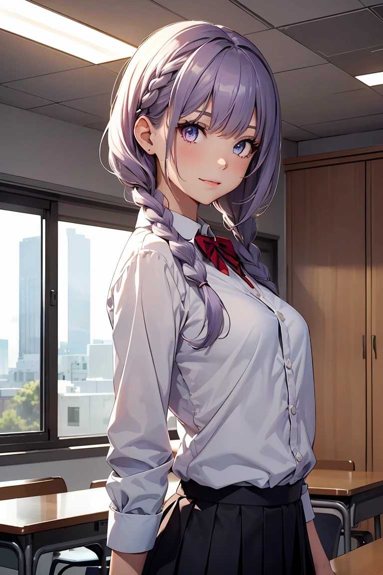 ((1 girl)), latest clothing trends, school clothes, , class room,((super verbose,highest quallity, high resolution, 8 k wallpaper, Cute uniform,)),((light purple hair, short-cut,Braided hair,)) (pink eyes), (teeths), smilling face, ombre, eyeliner,glowing eye, highly-detailed eyes, clean eyes, gorgeous eyes, de 18 anos.