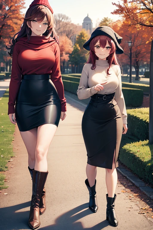 ((masterpiece, best quality)), highres, two beautiful women looking at viewer, wide hips, smiling, brown hoodie, black midi pencil skirt, pencil skirt, red beanie, leather boots, red scarf, full body, medium purple hair, wavy hair, walking through a beautiful garden, fall evening, sunset, trees, leaves falling, park, flowers