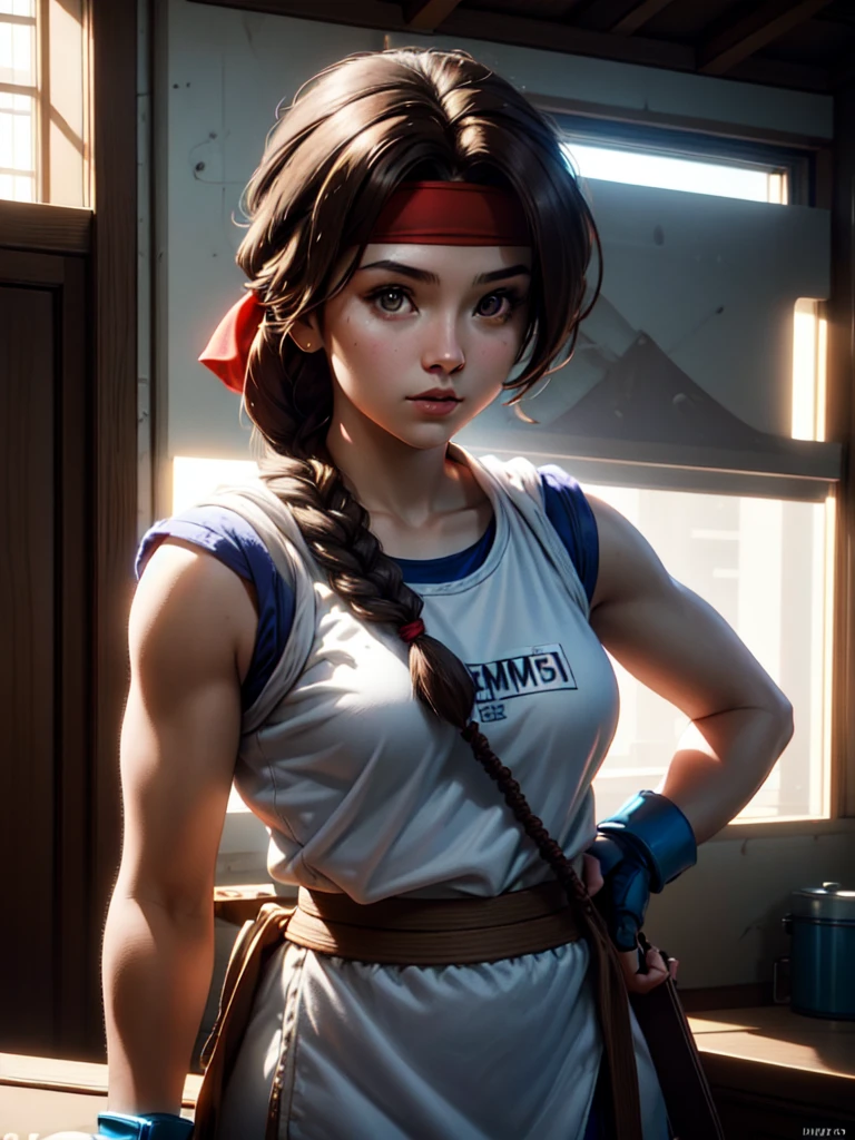 20-year-old woman, alone, athletic, brown hair tied in a braid, wears a red bandana on her forehead, wears blue fingerless gloves, wears blue gloves, high resolution, perfect image, very detailed, high contrast, colors digital, simple, medium shot, cinematic, ultra sharp focus, Award-winning photography, perfect contrast, high sharpness, depth of field, ultra detailed photography. global illumination, fluid, ultra high definition, 8k, Unreal Engine 5, ultra sharp focus, award-winning photography, Art Season Trends,
