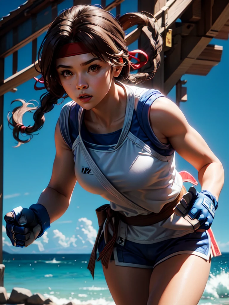 20-year-old woman, alone, athletic, brown hair tied in a braid, wears a red bandana on her forehead, wears blue fingerless gloves, wears blue gloves, high resolution, perfect image, very detailed, high contrast, colors digital, simple, medium shot, cinematic, ultra sharp focus, Award-winning photography, perfect contrast, high sharpness, depth of field, ultra detailed photography. global illumination, fluid, ultra high definition, 8k, Unreal Engine 5, ultra sharp focus, award-winning photography, Art Season Trends,
