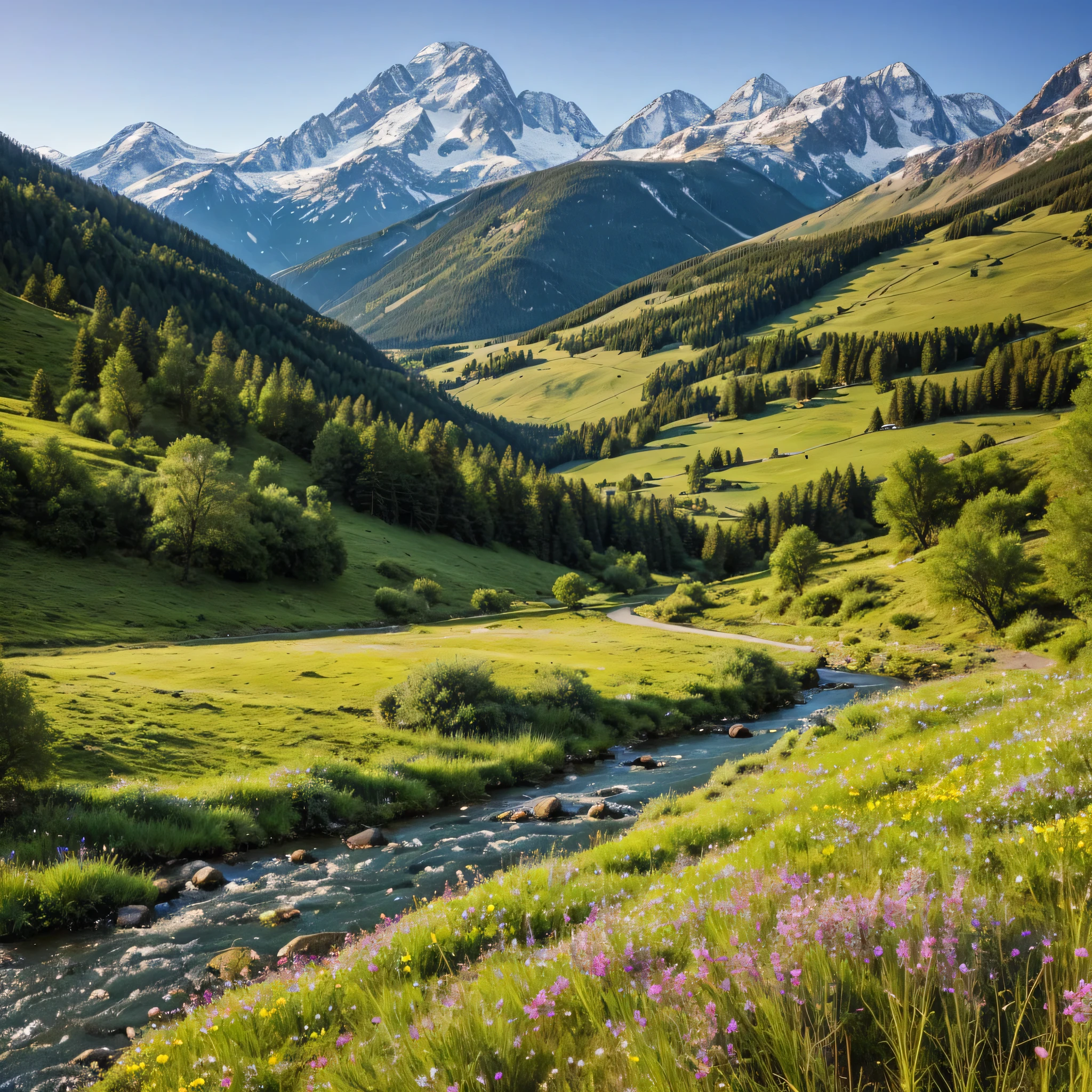 Describe a serene mountain landscape where a clear, winding river flows through a lush, green valley. Majestic peaks, dusted with snow, tower in the background, while the foreground is dotted with colorful wildflowers swaying gently in the breeze. How does the scene make you feel? What sounds and scents do you imagine in this tranquil setting?