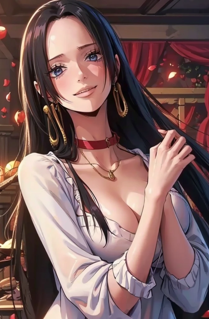 best quality, masterpiece, highly detailed,1girl,  ((rose)), (vine), cage, bandage, red rope, (detail light), falling rose petals, Boa Hancock,, (masterpiece:1.5), Detailed Photo, Smiling,(8K, Photorealistic, Best Quality: 1.4), (1girl), Beautiful Face, (anime realistic Face), (Black Hair, long Hair: 1.3), Beautiful Hairstyle, Realistic eyes, beautiful detail eyes, (realistic skin), beautiful skin, (sweater), absurd, attractive, ultra high resolution, ultra realistic, high definition, golden ratio, 