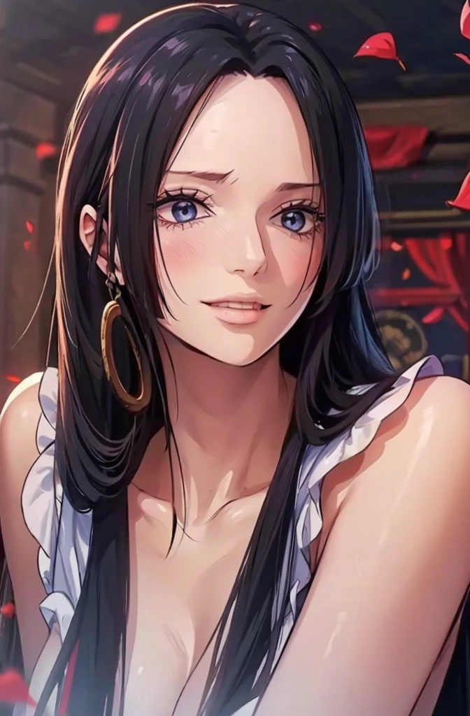 best quality, masterpiece, highly detailed,1girl, ((rose)), (vine), cage, bandage, red rope, (detail light), falling rose petals, Boa Hancock,, (masterpiece:1.5), Detailed Photo, Smiling,(8K, Photorealistic, Best Quality: 1.4), (1girl), Beautiful Face, (anime realistic Face), (Black Hair, long Hair: 1.3), Beautiful Hairstyle, Realistic eyes, beautiful detail eyes, (realistic skin), beautiful skin, (sweater), absurd, attractive, ultra high resolution, ultra realistic, high definition, golden ratio,