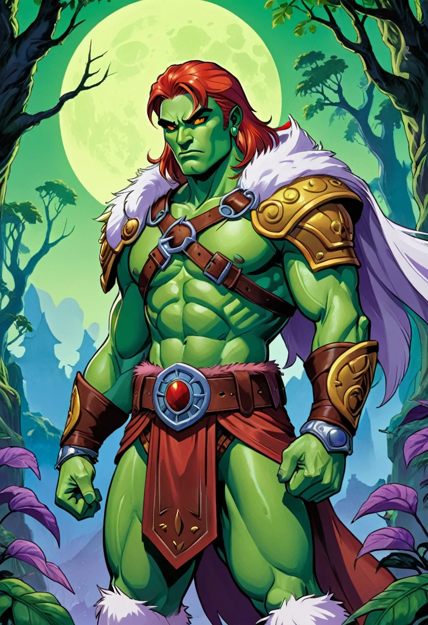 graphic novel flat colors style, cropped detail, fine intricate lineart, hatched shadows, masters of the universe, a (green skinned, green skin, bright green skin:1.3) male warrior, he has (red hair) and wears a (leather harness across his chest), leather shoulder straps, loincloth, thick fur belt, white fur boots, silver bracers, fur cloak. (detailed face, detailed eyes) (best quality,4k,8k,highres,masterpiece, colorful, vibrant colors:1.2), absurdres, ((detailed eyes)), narrow eyes, lavender colored eyes, piercing eyes, pointed ears, sharp ears, (grim expression). Good hands, detailed hands. Eternia background, multicolor sky, blue moon. Show him standing confidently with his fists clenched, in a thick dark jungle, vines, purple trees, blue leaves. dramatic shadows, hyper realistic, realistic light and shadows