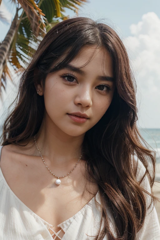 female version of kim taehyung of bts, long wavy hair, pearl necklace, deep brown eyes,  beach bak ground