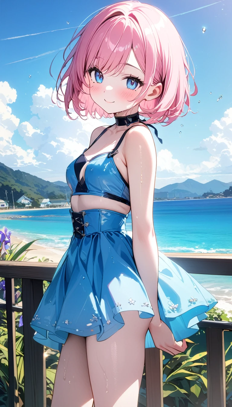 (1 girl),(Best Picture Quality, 8K, Masterpiece:1.3), (high school student:1.5), ((pink lob hair:1.1)), (bob cut),(swept bangs), (cute eyes, pupil black, iris skyblue, youthful face), (mole under right eye), (standard weight), (small breasts), (glistening skin:1.1),(pale skin:1.2),((Nymphet fashion:1.3)),(wet:1.1),((summer scene:1.2)),(magnificent view),(overlooking),(Smile).