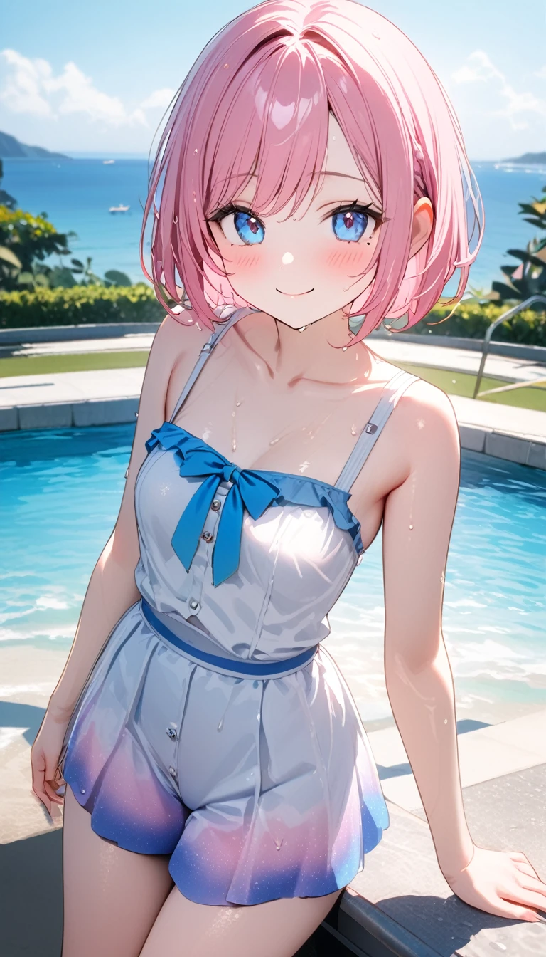 (1 girl),(Best Picture Quality, 8K, Masterpiece:1.3), (high school student:1.5), ((pink lob hair:1.1)), (bob cut),(swept bangs), (cute eyes, pupil black, iris skyblue, youthful face), (mole under right eye), (standard weight), (small ), (glistening skin:1.1),(pale skin:1.2),((Nymphet fashion:1.3)),(wet:1.1),((summer scene:1.2)),(magnificent view),(overlooking),(Smile).