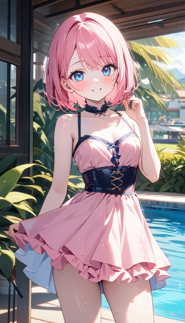 (1 girl),(Best Picture Quality, 8K, Masterpiece:1.3), (18year:1.5), ((pink lob hair:1.1)), (bob cut),(swept bangs), (cute eyes, pupil black, iris skyblue, youthful face), (mole under right eye), (standard weight), (small breasts), (glistening skin:1.1),(pale skin:1.2), ((pink Chiffon Bodycon Mini Dress)).