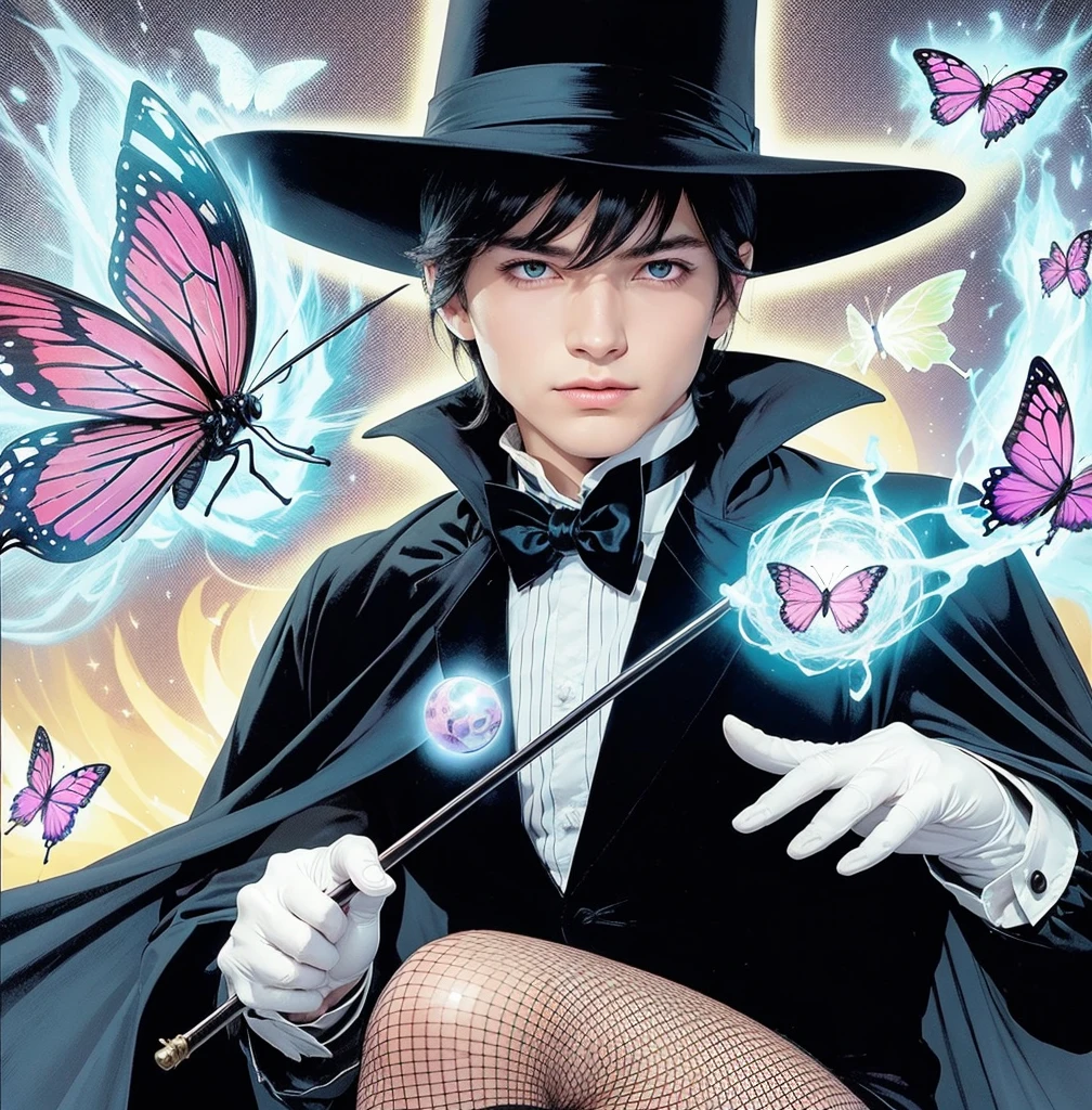 American classic comic book art: Handsome ethereal young man delicate, black straight hair bangs, black wizard hat with a butterfly, navy black magician outfit Zatanna, fishnet stockings, holding an elegant cane, white gloves, emanating light pink and blue yellow energy colorful, white eyes, sorcerer, very young face boy Asian, light pink butterflies, Magic of Imagination, casting spell magic ball energy, mini delicate magician mini cape, medieval castle, classic comic book 