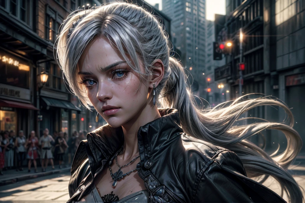 (masterpiece, best quality:1.2), cowboy shot, weissvale, expressionless, closed mouth, looking at viewer, long white hair, side ponytail, scar above eye, scar below eye, military uniform, jewelry, necklace, earrings, in city street (future_urban, crowd, (volumetric lighting), intricate details, tonemapping, sharp focus, hyper detailed