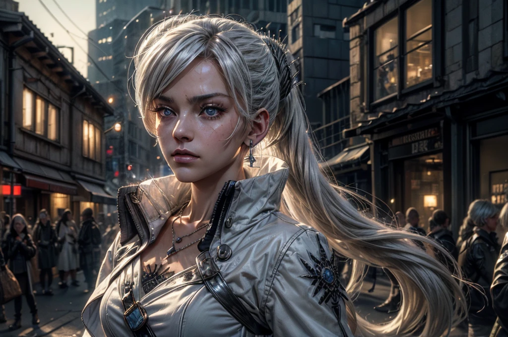 (masterpiece, best quality:1.2), cowboy shot, weissvale, expressionless, closed mouth, looking at viewer, long white hair, side ponytail, scar above eye, scar below eye, military uniform, jewelry, necklace, earrings, in city street (future_urban, crowd, (volumetric lighting), intricate details, tonemapping, sharp focus, hyper detailed