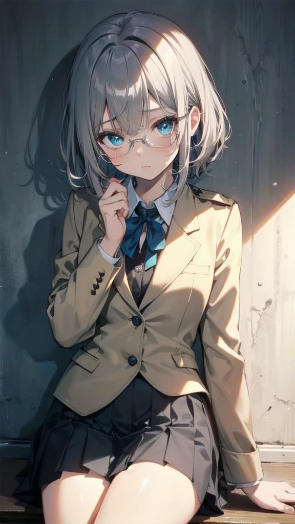 (masterpiece), (best quality), ((very detailed)), (very delicate), (A young girl), cyan eyes, sparkling eyes, droopy eyes, boston eyewear, worried,(Silver gray hair),Short messy hair, Barrette, Medium chest, Blazer uniform , platinum blonde, White skin, Schoolyard, evening, Downcast eyes, lack of confidence, scared of people, afraid, bullied at school, beige blazer uniform, High angle