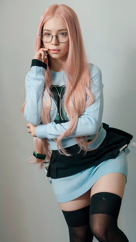 a young woman with long pink hair wearing myopia glasses. She is wearing a light blue sweater, a green skirt and black stockings. He's clutching a pair of blue headphones, with a thoughtful and slightly worried expression. The young woman stands with her body slightly leaning forward, looking down, with the left hand holding the headphones and the right hand slightly pointing towards them. His pose denotes a state of reflection and perhaps a slight uncertainty..