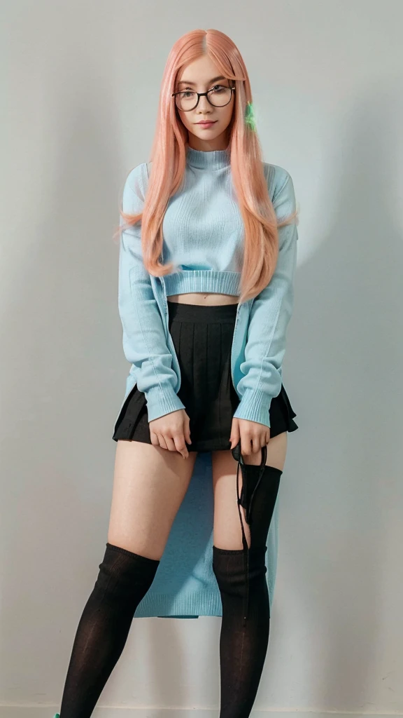 {((a young woman with long pink hair wearing myopia glasses. She is wearing a light blue sweater, a green skirt and black stockings. He&#39;s clutching a pair of blue headphones, with a thoughtful and slightly worried expression. The young woman stands with her body slightly leaning forward, looking down, with the left hand holding the headphones and the right hand slightly pointing towards them. His pose denotes a state of reflection and perhaps a slight uncertainty..))}
