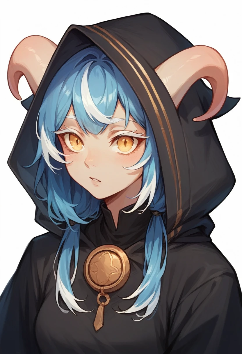 ((best qualityer)), ((work of art)), (detailded), 1 tiefling girl , beige skin , blue hair with white highlights and bangs , completely golden eyes and white eyelashes , black clothing with sleeves and hood
