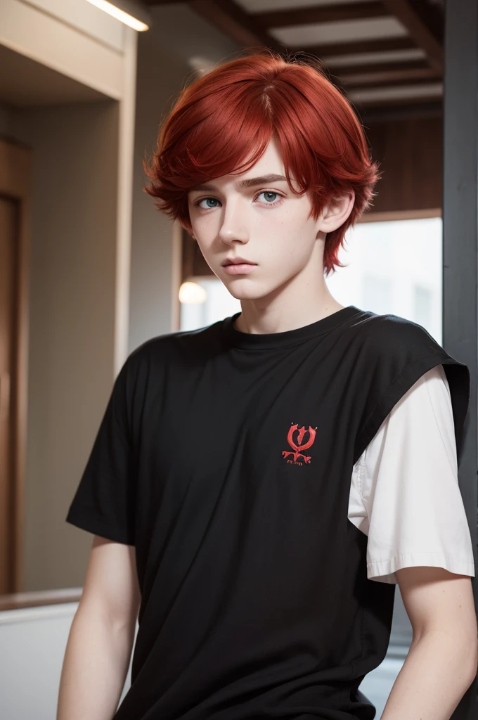 16 year old white boy, red hair black eye, black blouse