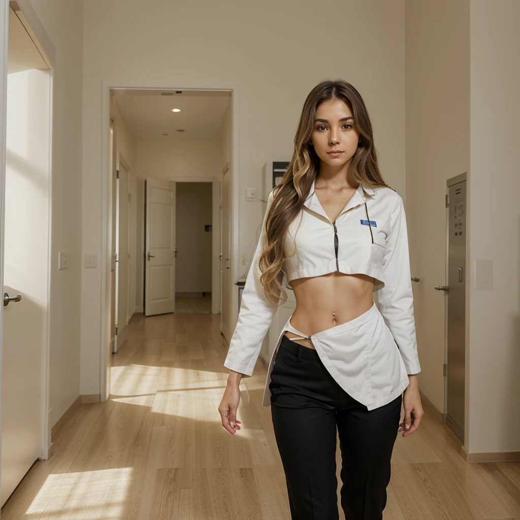 In the quiet clinic, the soft sounds of hushed conversations and discreet footsteps fill the air. In the center of the room, a nurse with long, wavy hair, predominantly black with bright blonde highlights, Stands out with your fitted uniform. The piece not only highlights your slim waist, but also emphasizes your elegant and professional figure. His attentive eyes and calm expression contrast with the clinical environment, adding a touch of beauty and confidence to the meticulously organized space around you.