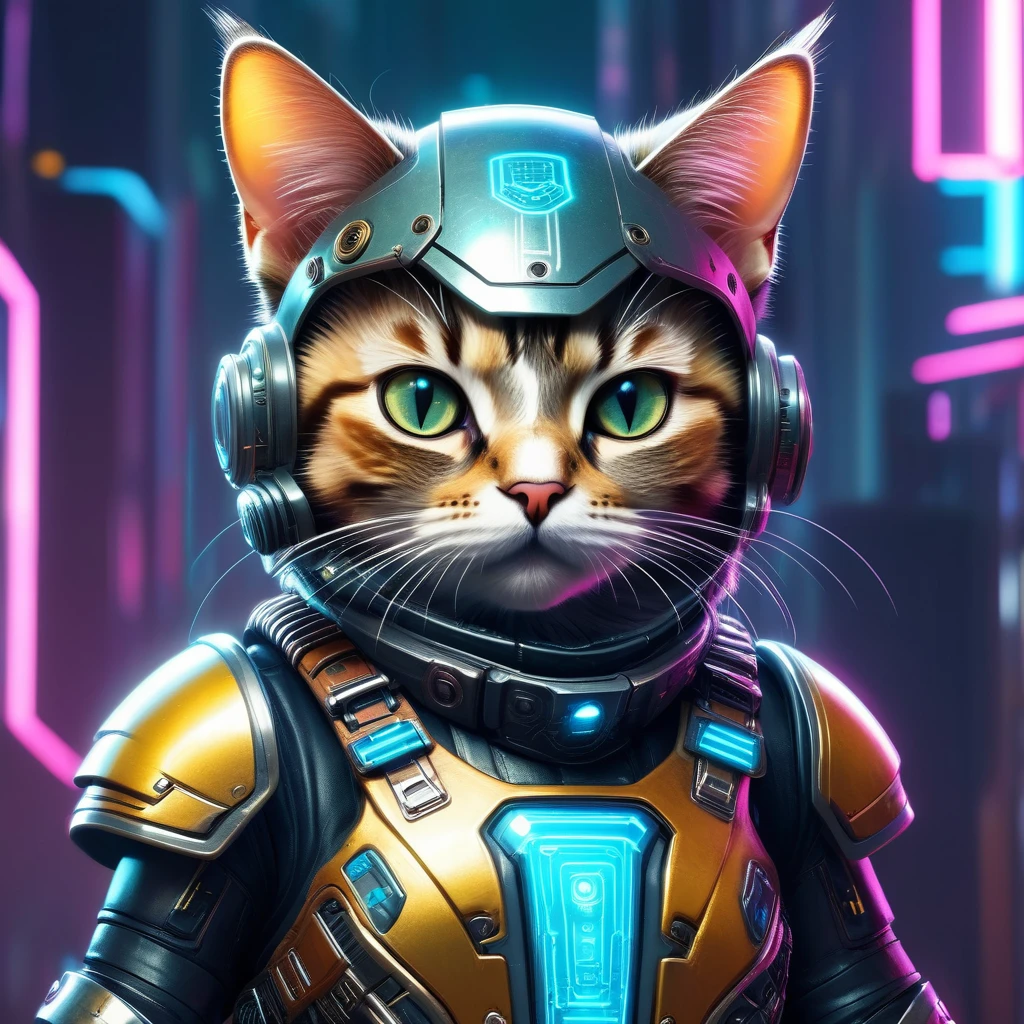 Dressed animals page, captivating and intriguing image of a Cute cat dressed in cyberpunk styled armor, cybernatic, 