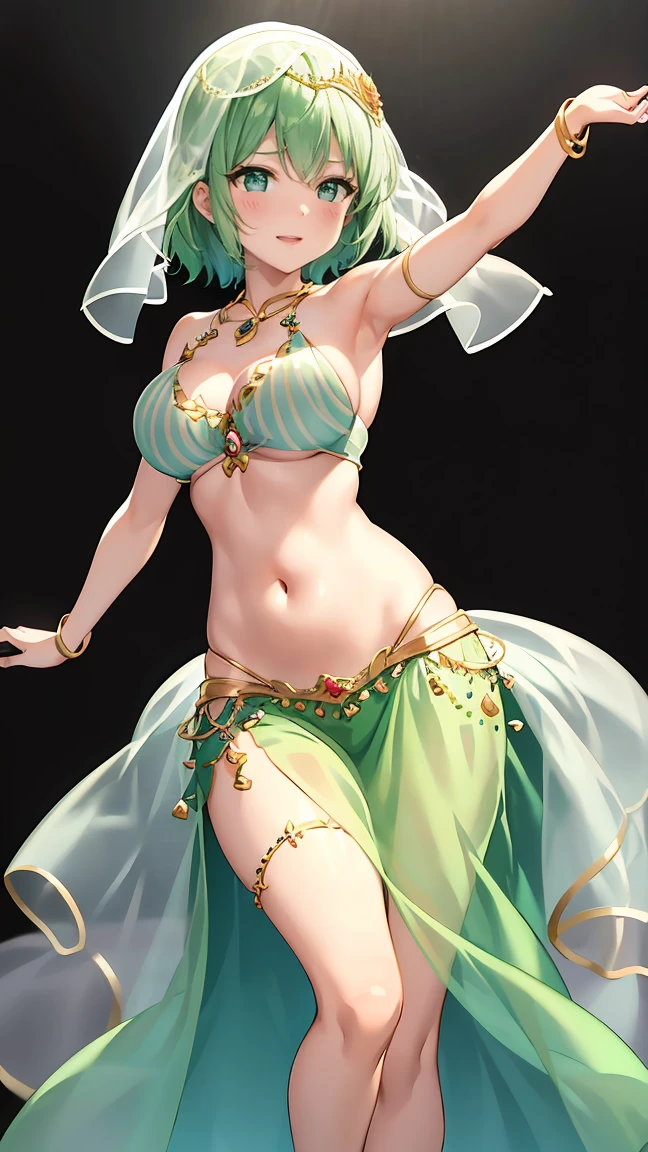 Girl with short green hair, Small breasts, Green Eyes, White Casual Wear Beauty Special、((((tits)))),Full body photo from head to toe、(Belly dance)、Dancer、National costume、See-through、Angle Shot、Decoration、Luxury accessories、Dancing by rotating on one foot、(Face Veil)、Graceful dance、Captivating gestures、Elegant、