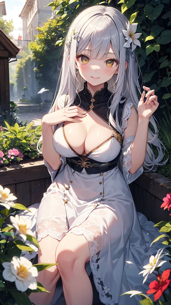 masterpiece、Highest quality、High resolution、High-quality images、8K, 、Skin Radiance、Texture of skin and clothing、Expression of fine eyes、Shining silver hair、Long Hair Girl、dress, Beautiful bright yellow eyes, Fuller lips, Gorgeous face with attention to detail, (Cute Smile), charm, Innocent, (Perfectly detailed face), (Beautiful Hands) Photorealistic images, Written boundary depth, flower、sun、Big Breasts、garden、、Feather ornament、White clothes、goddess
