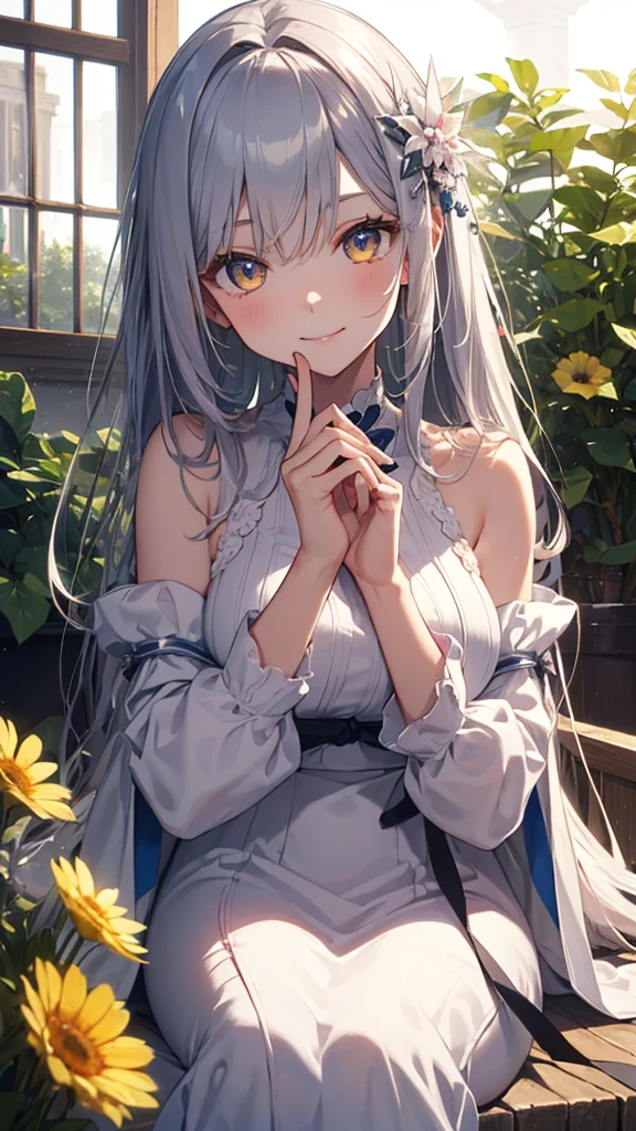 masterpiece、Highest quality、High resolution、High-quality images、8K, 12-year-old girl、Skin Radiance、Texture of skin and clothing、Expression of fine eyes、Shining silver hair、Long Hair Girl、dress, Beautiful bright yellow eyes, Fuller lips, Gorgeous face with attention to detail, (Cute Smile), charm, Innocent, (Perfectly detailed face), (Beautiful Hands) Photorealistic images, Written boundary depth, flower、sun、Big Breasts、garden、、Feather ornament、White clothes、goddess