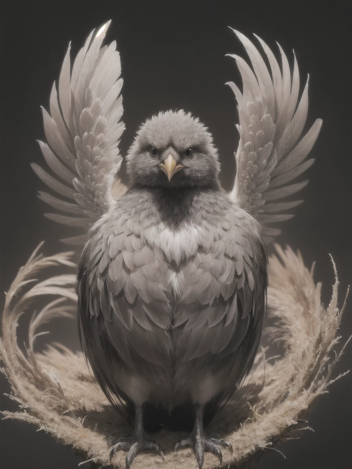 realistic,Hyperrealistic,photograph,
In the heart of the image, a single animal stands, bathed in the spotlight against a stark black backdrop. This creature, a bird of some kind, is captured in exquisite detail, its feathers meticulously rendered, each one distinct and lifelike. The background is intentionally simple, free of any human presence or distractions, allowing the viewer’s focus to be drawn solely to the animal. The lack of complexity in the setting amplifies the realism of the bird, highlighting its natural beauty and grace.