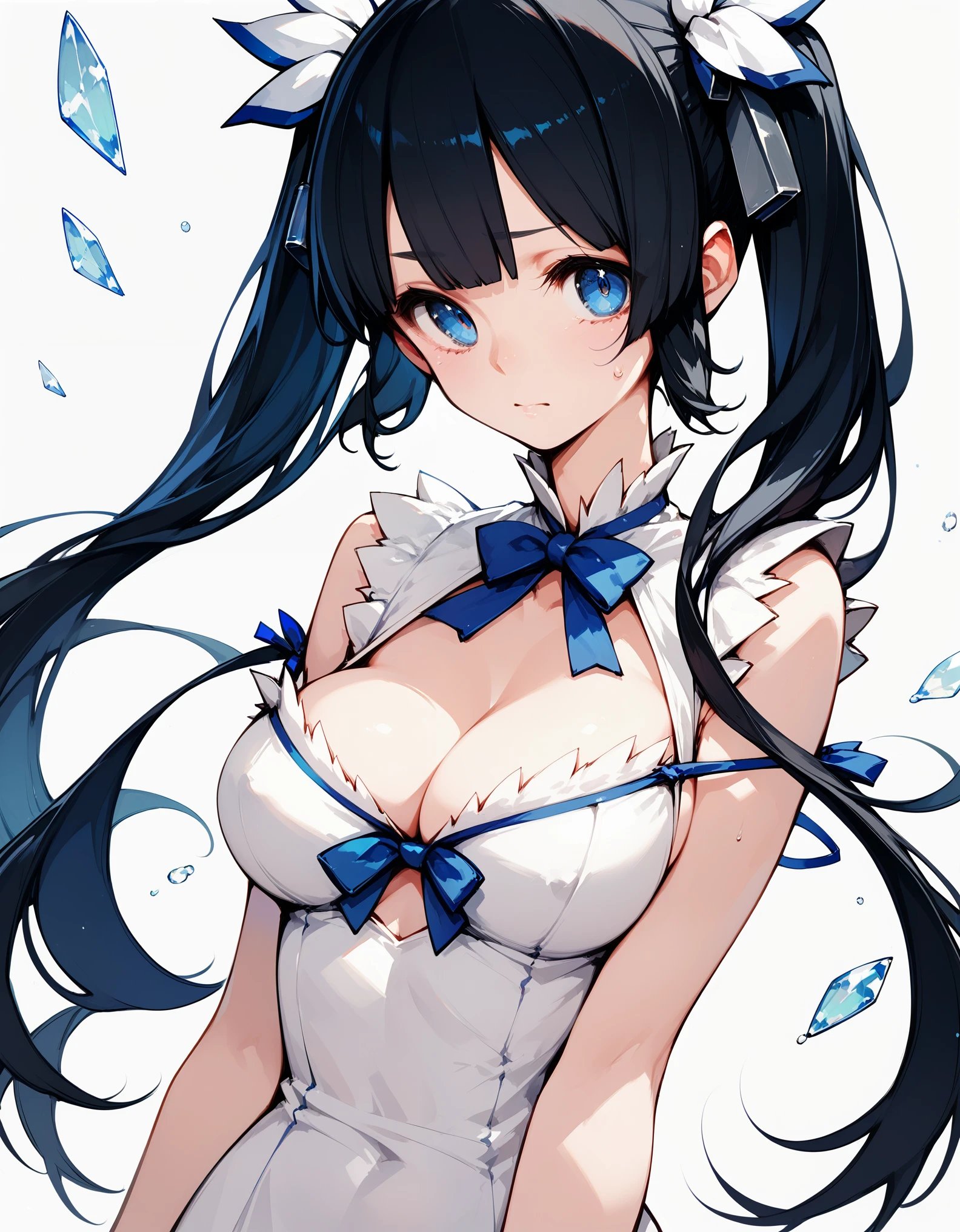 masterpiece, best quality BREAK solo, hestia \(danmachi\), breasts, long hair, blue ribbon, twintails, gloves, ribbon, dress, rei no himo, large breasts, blue eyes, black hair, white gloves, cleavage, white dress, hair ribbon, bow, sleeveless, sleeveless dress, bangs, cleavage cutout, hair ornament, bowtie, clothing cutout, very long hair, covered navel, arm ribbon, <lora:Hestia:0.7>