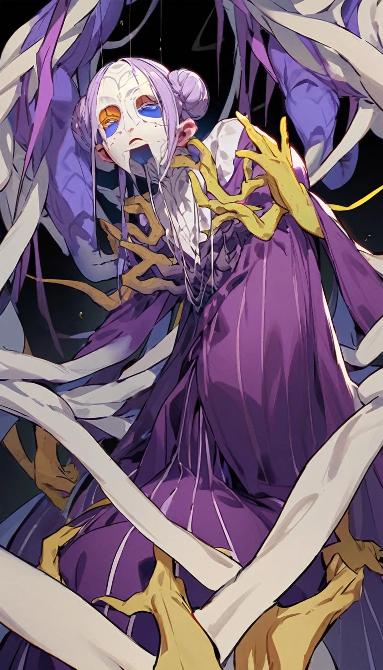 a very tall and white man, he is wearing an old French purple costume, he has six arms and wears yellow gloves on each of his six hands, he wears a purple wig with bangs and two buns and a white mask with red dots around the eyes that covers your entire face. He has a blue right eye and is blind in the left eye, he hangs from a green spider's web as if he were dancing, he is a strange and hideous yet strangely attractive monster.