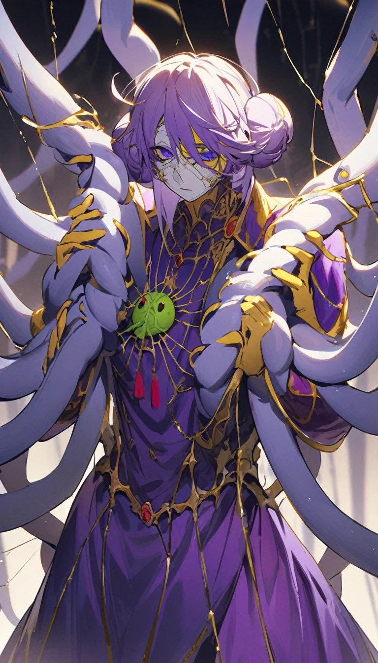 a very tall and white man, he is wearing an old French purple costume, he has six arms and wears yellow gloves on each of his six hands, he wears a purple wig with bangs and two buns and a white mask with red dots around the eyes that covers your entire face. He has a blue right eye and is blind in the left eye, he hangs from a green spider's web as if he were dancing, he is a strange and hideous yet strangely attractive monster.