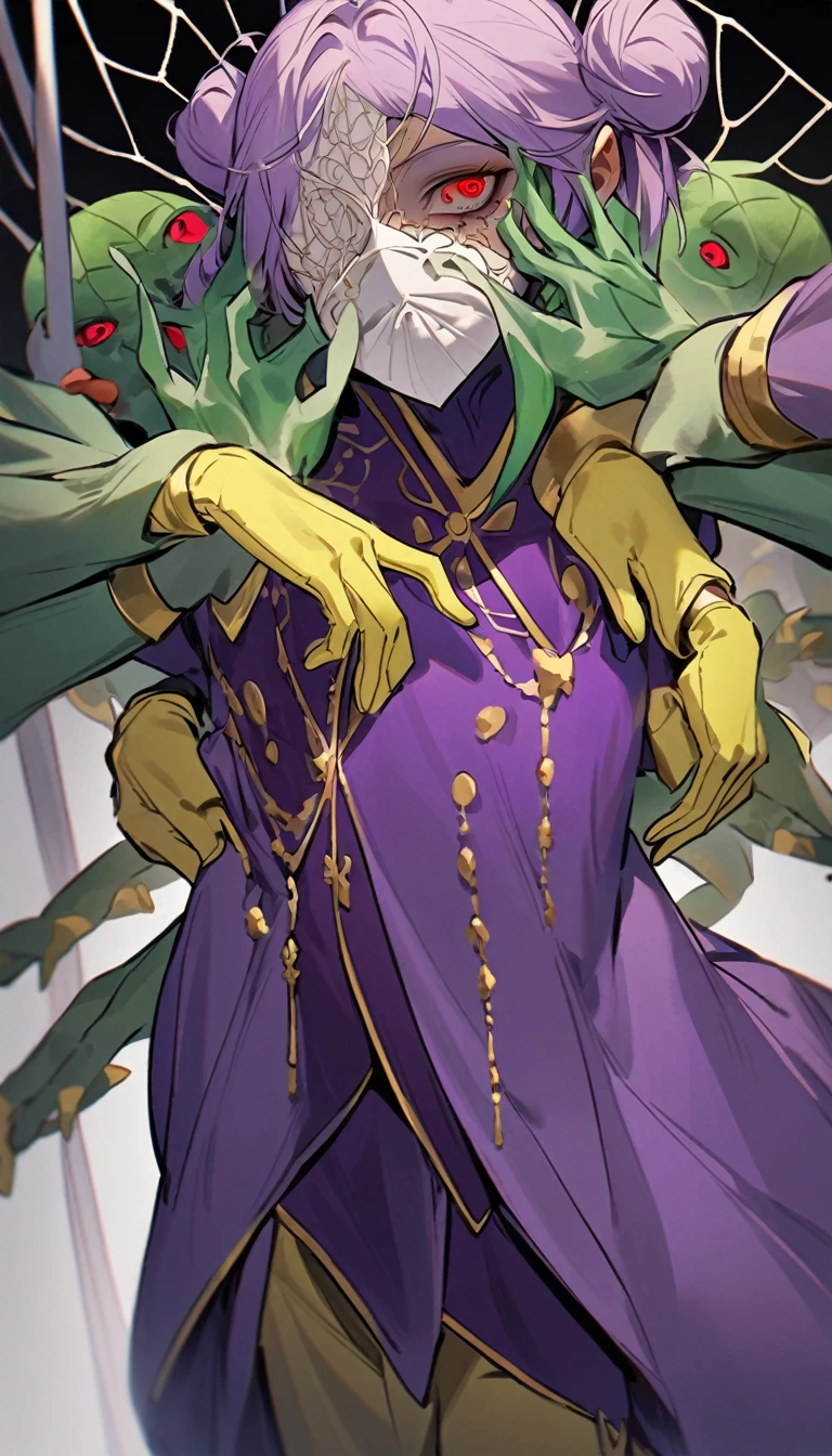 a very tall and white man, he is wearing an old French purple costume, he has six arms and wears yellow gloves on each of his six hands, he wears a purple wig with bangs and two buns and a white mask with red dots around the eyes that covers your entire face. He has a blue right eye and is blind in the left eye, he hangs from a green spider's web as if he were dancing, he is a strange and hideous yet strangely attractive monster.