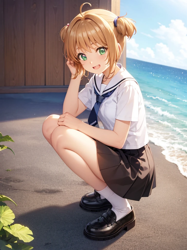 masterpiece, Highest quality, wallpaper,  One girl, alone,summer服を着た, socks, Both sides up, summer、Seaside