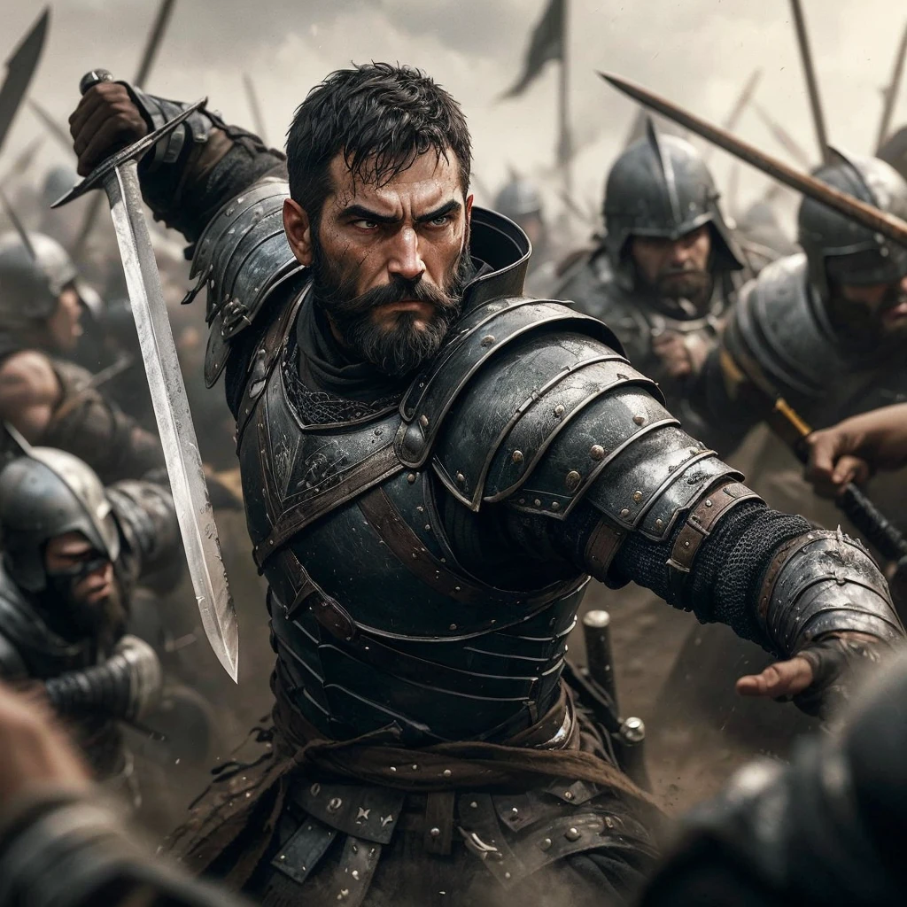 Describe the scene of a man with a medium black beard and short black hair, round face, wearing imposing medieval armor. He is in the middle of a fierce battle, raising his gleaming sword against a tumult of enemy warriors around him. The expression on his face is one of intense concentration and courage., his muscles tense as he faces the challenges of hand-to-hand combat. ao redor, The battlefield is filled with chaos and movement, with soldiers fighting with spears, shields and various weapons, under a cloudy sky that indicates a prolonged fight.