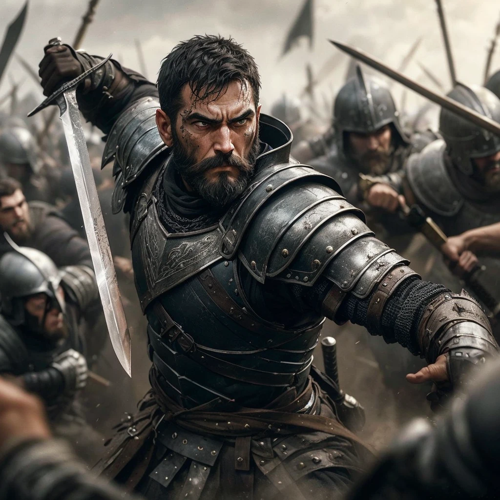 Describe the scene of a man with a medium black beard and short black hair, round face, wearing imposing medieval armor. He is in the middle of a fierce battle, raising his gleaming sword against a tumult of enemy warriors around him. The expression on his face is one of intense concentration and courage., his muscles tense as he faces the challenges of hand-to-hand combat. ao redor, The battlefield is filled with chaos and movement, with soldiers fighting with spears, shields and various weapons, under a cloudy sky that indicates a prolonged fight.