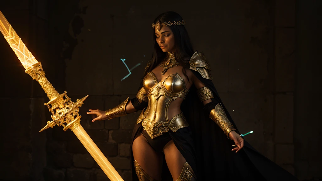 A powerful figure clad in ancient, ornate armor, holding a glowing staff emitting a bright light that pushes back the darkness. The figure exudes an aura of authority and protection.
