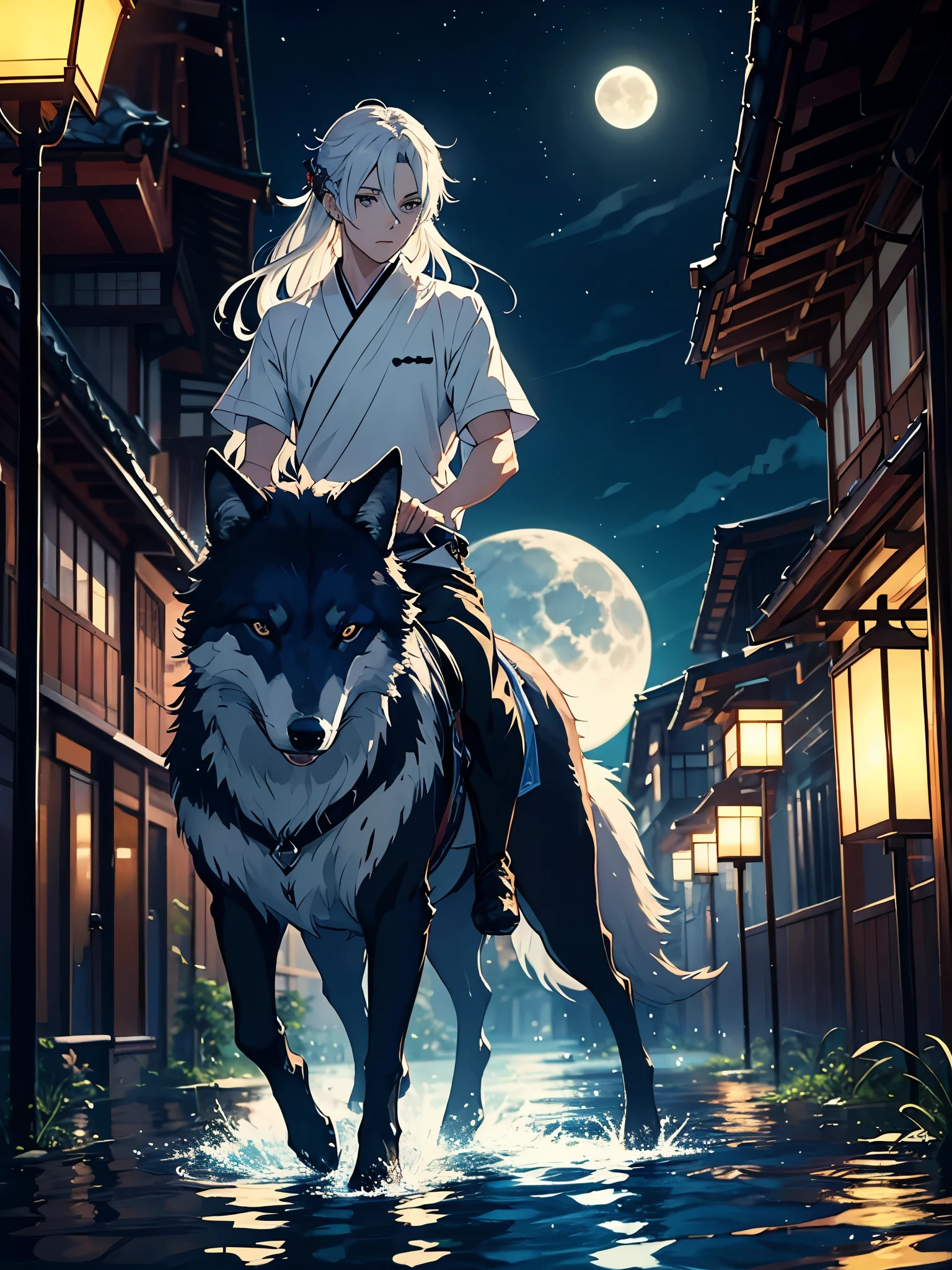 Riding a wolf. Younger. Roter Kimono. Rote Blumen. Japanisches Tor. Tori. Blue wolf. Kimono. . More anime. light blue light. Bright bright light. male. Long hair. long white hair. aquatic, boy, God of the Moon, silver hair accessories, White hair. 