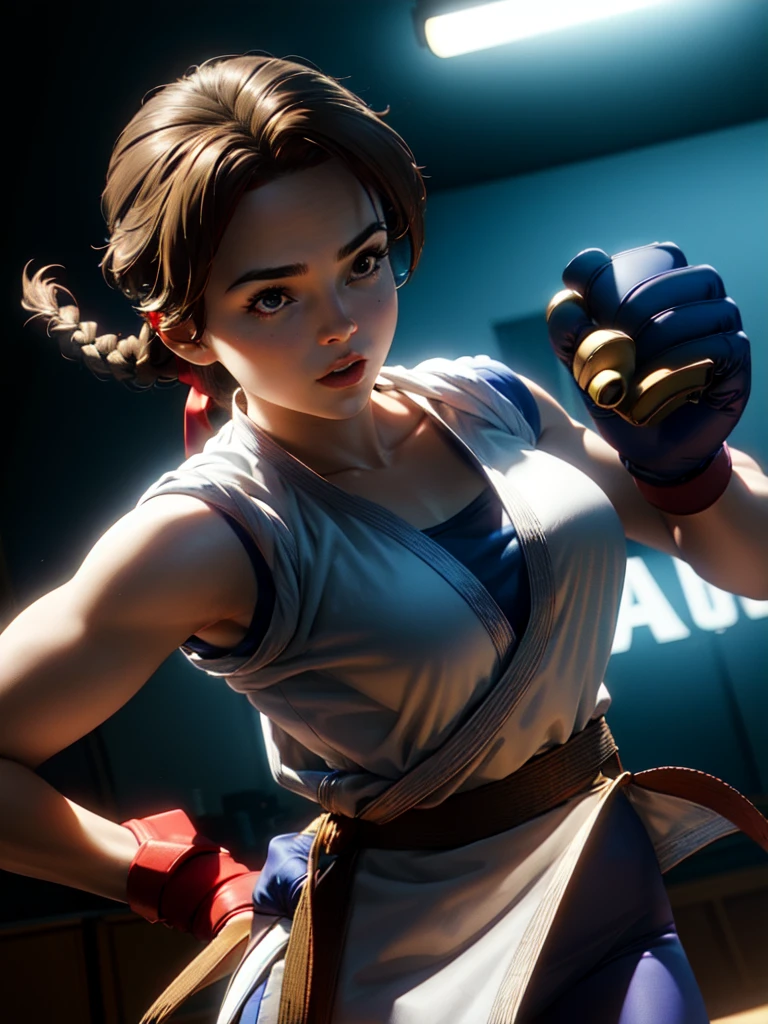 20-year-old woman, alone, athletic, brown hair tied in a braid, wears a red bandana on her forehead, wears blue fingerless gloves, wears blue gloves, high resolution, perfect image, very detailed, high contrast, colors digital, simple, medium shot, cinematic, ultra sharp focus, Award-winning photography, perfect contrast, high sharpness, depth of field, ultra detailed photography. global illumination, fluid, ultra high definition, 8k, Unreal Engine 5, ultra sharp focus, award-winning photography, Art Season Trends,
