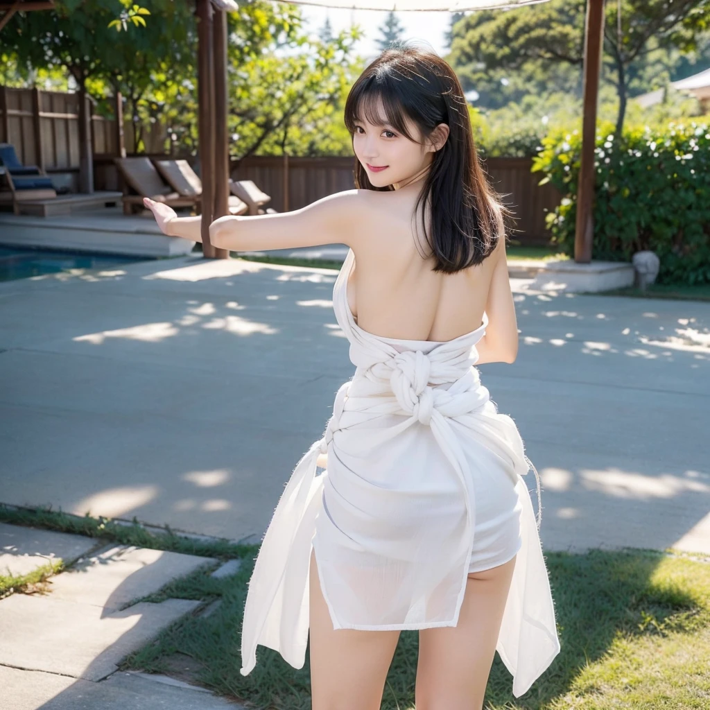 日本people、１people、The most beautiful woman、smile、Shyness、clear、Shiny black hair、((Standing with legs wide open))、Photo Style、length, bangs、light makeup、Standard face、(((Wearing a white Etchu loincloth)))、((Light clothing:0.5))、(She is hiding her breasts by wrapping a cloth around her chest.)、Summer festival、(((From behind, she shows off her butt and the knot of her loincloth))), 32k, Raw photo、Highest quality