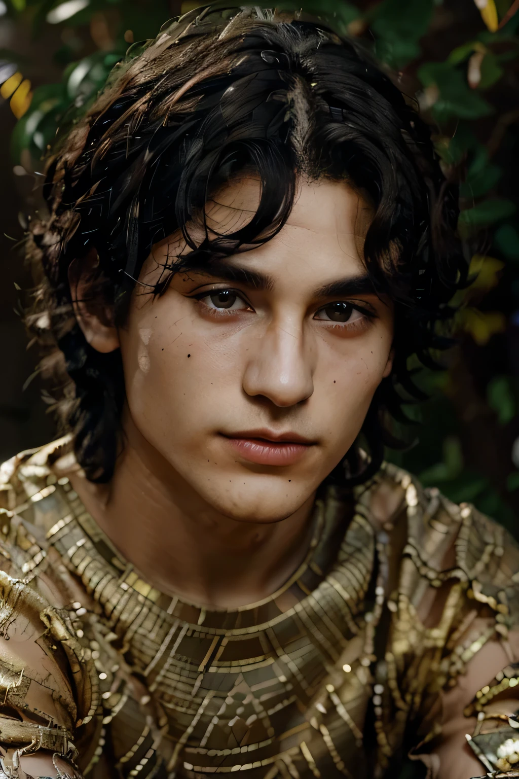 A young man with short curly hair, 31 years old, black hair, scales of a snake on his face, snake cheeks, snake scales on the skin of the cheeks, yellow shirt, delicate face, man with snake skin on his face