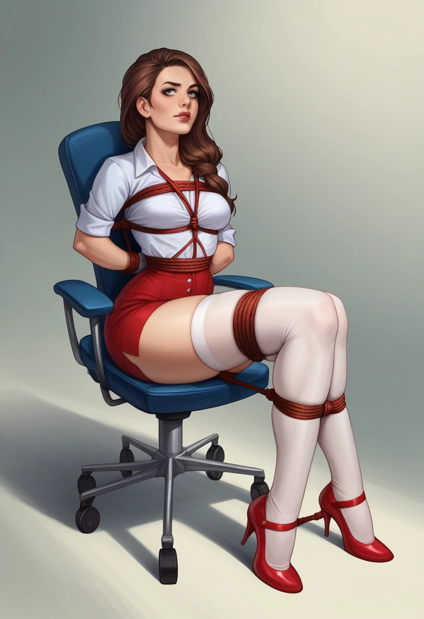 An arafed wowan being tied on a chair with rope and in a pilot outfit in an aeroplane,realistic model scared of been , mouth sealed with blue tape, tied to a chair with rope, a realistic model in an aeroplane posing for camera wearing headmistress uniform, mid portrait, satin, wearing a strict business suit, lisa, tease, full length and white stockings, clothed in white shirt, silk stockings, dominant pose, sally, wearing white silk, tied - up shirt, strangled with rope in an airplane, pilot girl, dominant pose, looking straight ahead, posing for camera, beautiful angle for a picture, brown hair and a perfect body, perfect body, great body, sexy body, sexy hot body, attractive body, beautiful body, biggest perfect body and face, beautiful body and face, sexy girl, beautiful upper body, realistic pretty face with arms and legs, very sexy, thick thighs, sexy girl, revealing outfit, brown hair and a perfect body, looking from behind, great view, jaw-dropping beauty, lit from behind, portrait of demi rose, clear portrait of demi rose, view from
behind.hot flight attendant in an aeroplane, mouth sealed with tape, tied to chair with rope