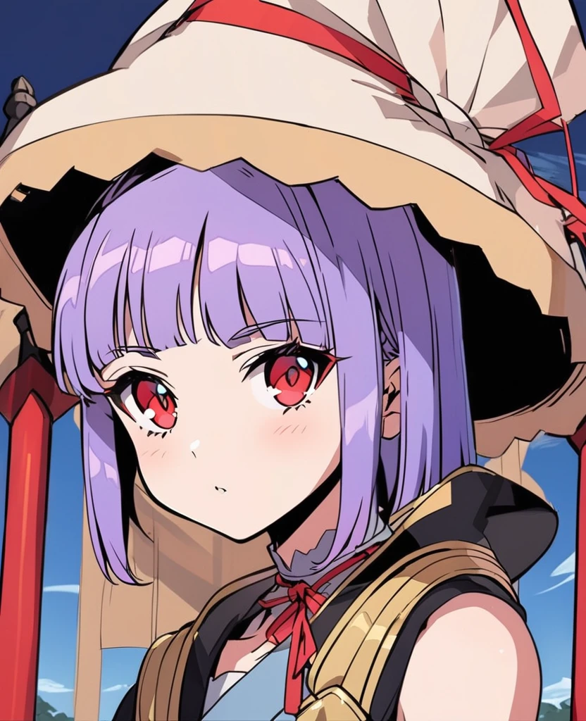 A purple haired girl with blue bangs and red eyes, demon slayer artstyle