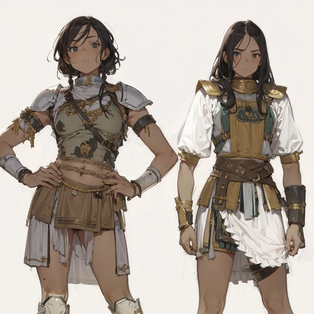 greek warriors womans in togas , only girls , forest in the background , light armor , elbow pads, knee pads, shoulder pads, black armor , sandals , sexy, exposed belly, muscular girl, defined abdomen,stomach, multiple girls, looking at viewer , long hair, bare shoulders, outdoors, sandals