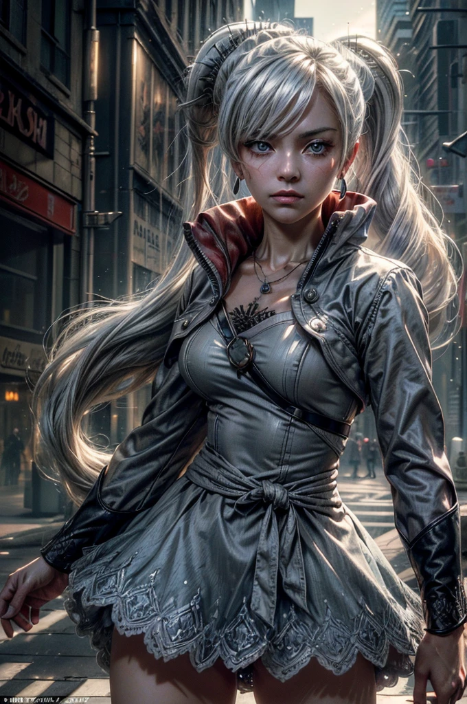 (masterpiece, best quality:1.2), cowboy shot, weissvale, expressionless, closed mouth, looking at viewer, long white hair, side ponytail, scar above eye, scar below eye, military uniform, jewelry, necklace, earrings, in city street (future_urban, crowd, (volumetric lighting), intricate details, tonemapping, sharp focus, hyper detailed