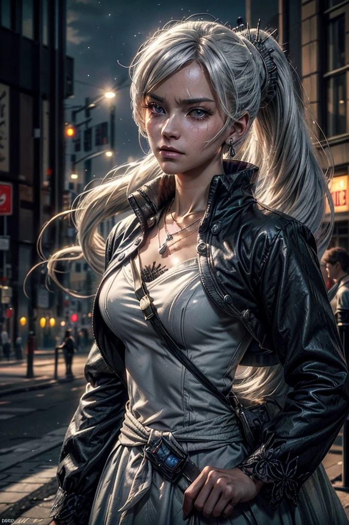 (masterpiece, best quality:1.2), cowboy shot, weissvale, expressionless, closed mouth, looking at viewer, long white hair, side ponytail, scar above eye, scar below eye, military uniform,  jewelry, necklace, earrings, in city street (future_urban, crowd, (volumetric lighting), intricate details, tonemapping, sharp focus, hyper detailed 