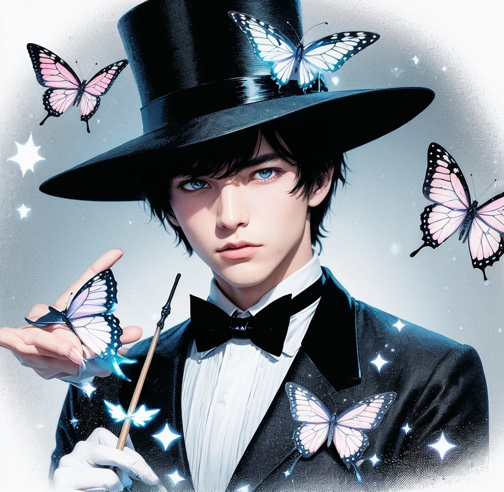 American classic comic book art: Handsome ethereal young man delicate, black straight hair bangs, black wizard hat with a butterfly, navy black magician outfit Zatanna, fishnet stockings, holding an elegant cane, white gloves, emanating light pink and blue yellow energy colorful, white eyes, sorcerer, very young face boy Asian, light pink butterflies, Magic of Imagination, casting spell magic ball energy, mini delicate magician mini cape, medieval castle, classic comic book
