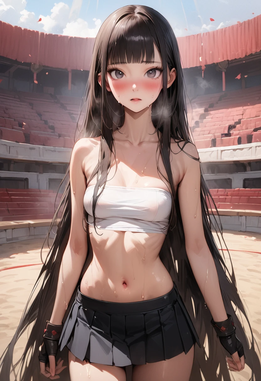 (((masterpiece,Highest quality:1.3,best quality illustration))),(realistic),cowboy shot,独奏,1woman,18 year old beauty,black hair,long hair,bangs,black eyes,gorgeous big eyes,((very small head:1.3)),blush,((very long body:1.2,skinny)),medium breasts,White tube top shirt、navel、(Black pleated mini skirt),Brown leather fingerless gloves、sweat,in heat,gleaming skin,toned body,slender body、During a martial arts match、amphitheater、nsfw,