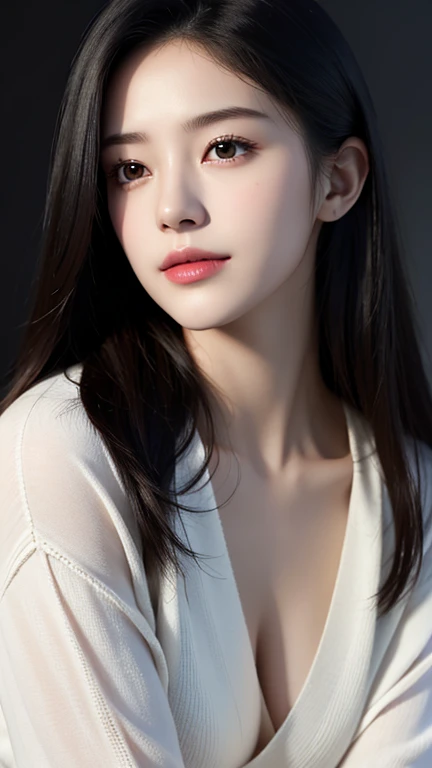 (8K),(RAW Photos),(Highest quality),(masterpiece:1.2),Sharp focus,natural shading,hyper realistic,(Small breasts),Realistic Face,超Realistic Face,Beautiful face,detailed,超detailed,slim,(Black hair straight:1.3),Double eyelids,非常にdetailedな顔,smile,VNeck sweater,Depth of field,Shiny Hair,leaning forward,(Dark Background),hand on own cheek,natural shading,volumetric lighting,valley,Realistic Skin,(upper body:1.3)